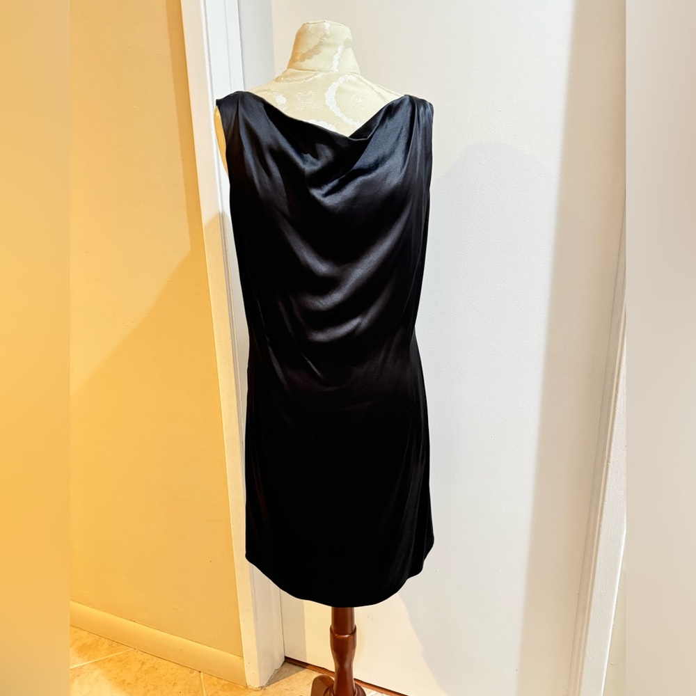 Féraud SILK Vintage Black Ruched Sexy Back Draped Neck Lined Zip Dress 44 US 12